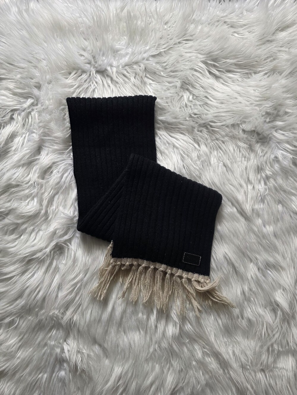 Coach Black Ribbed Knit Scarf with Cream Fringe